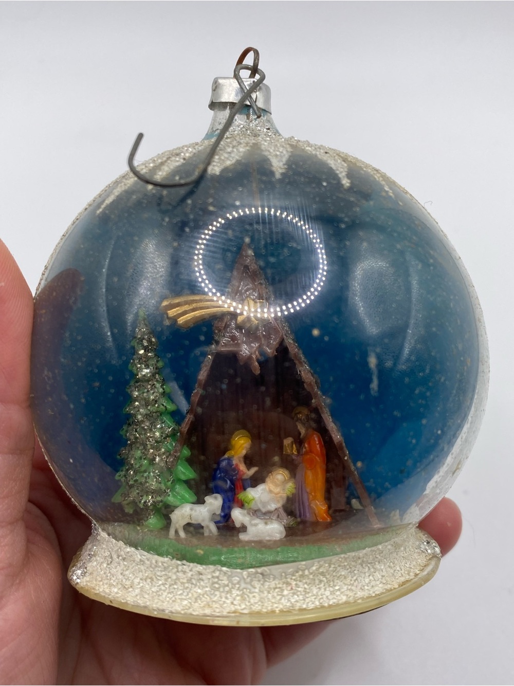 Vintage West Germany Mercury Glass Diorama Nativity Christmas Ornament Blue Mica